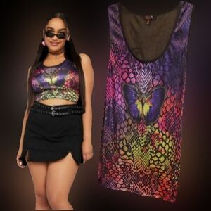 Delias dk snake charmer blk pink butterfly graphic snakeskin crop tank 2X NWOT